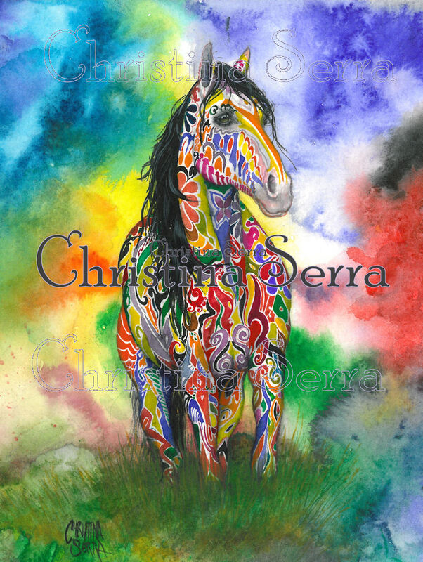 Picture of a colorful watercolor painting of a mosaic painted horse, facing straight at the viewer, with black hair. The background is a wild mixture of yellows, greens, blues and reds.