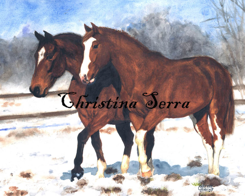 picture of a watercolor painting of two chestnut colored horses walking side by side as if friends, in a snowy winter landscape