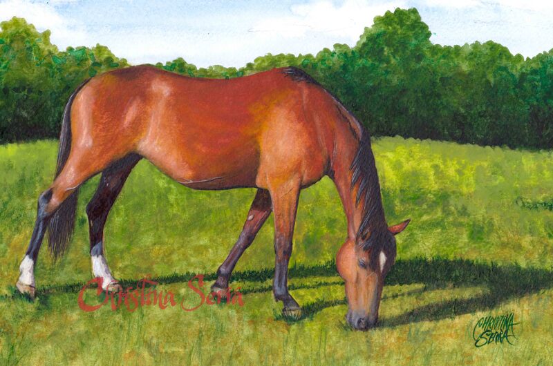 picture of a realistic watercolor painting of a bright chestnut red brown horse peacefully grazing in a lush green field 