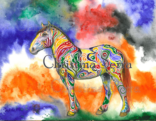 picture of a brightly colored fantasy cob breed horse, painted in mosaic colors, with a dark orange mane and tail. The background is a splash of bright orange, blue, red and green