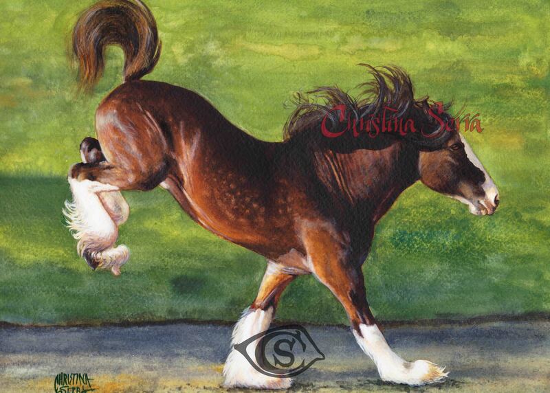 picture of a realistic watercolor painting of a chestnut brown draft horse with white fluffy legs. The afternoon sun is shining low on the left, and the horse is in front of a washed background of bright green