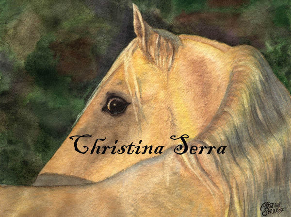 picture of a realistic watercolor painting of a close up of a pale peach colored horse face, looking over the back of the horse at the large dark eye gazing at the viewer.