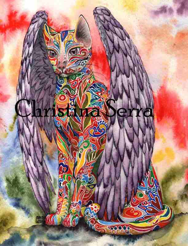 Picture of a brightly colored watercolor painting of a mosaic fantasy cat with purple wings on a splashed multi-color background